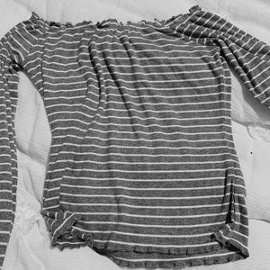 off the shoulder gray and white top
